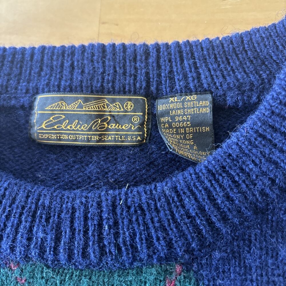 Vintage Eddie Bauer Men’s XL 100% Shetland Wool Argyle Sweater Made In Hong Kong - Picture 3 of 9
